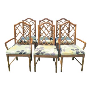 Vintage Thomasville Faux Bamboo Chinese Chippendale Upholstered Regency Dining Room Chairs Set of 6 For Sale