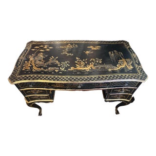 1940's Chinoiserie Hand Painted Black and Gold Desk For Sale