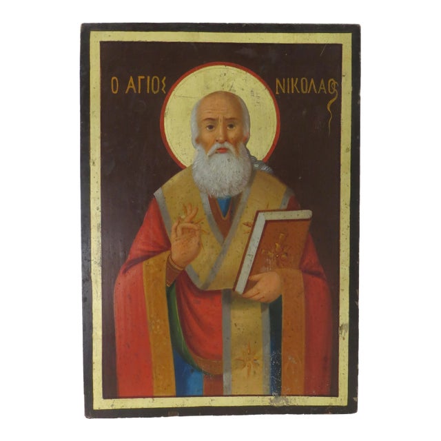 Circa 1900 Russian Icon Painting of St. Nicoli For Sale