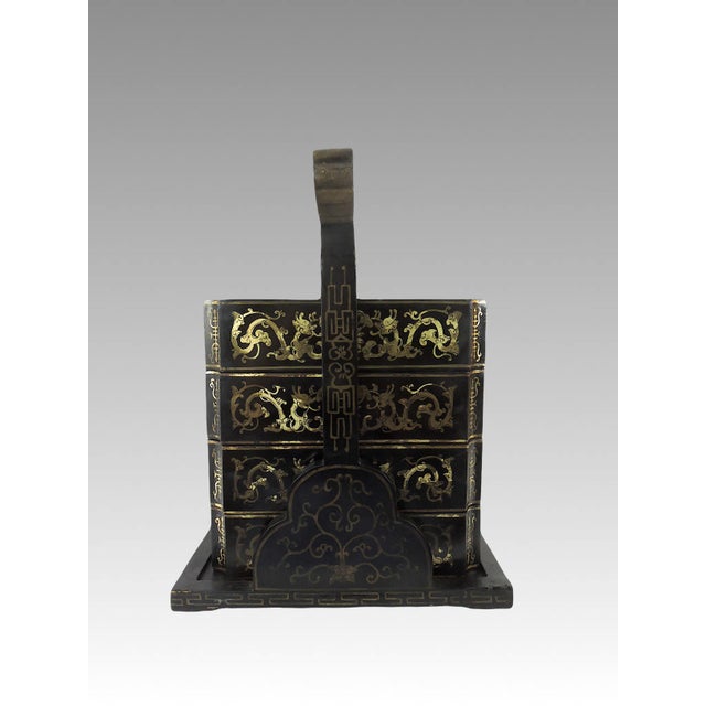 Old Chinese Black Lacquer With Gold 'Dragons and Bats' Wedding Chest or Tiered Long Life Storage Box For Sale In Tampa - Image 6 of 12