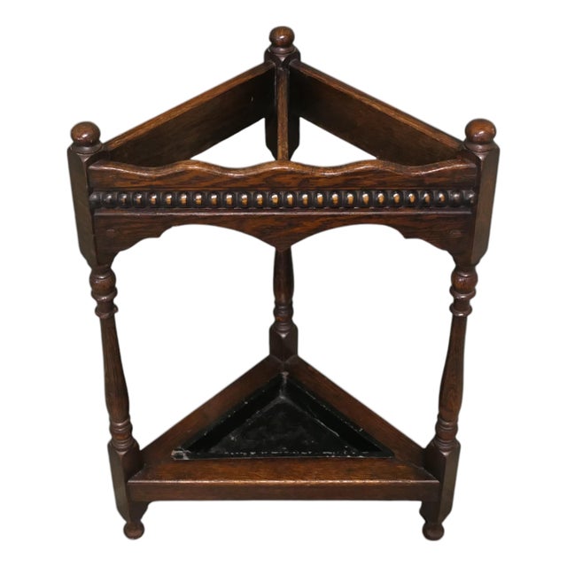 Turned Oak Corner Umbrella Stand, 1920 For Sale