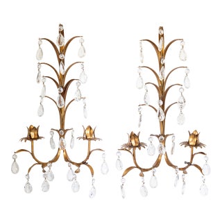 Vintage Italian Gilt Tole & Crystals Candelabra Candle Sconces - a Pair For Sale