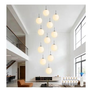 12-Light Black Mid Century Modern Globe Dangle Milky White Glass Pendant Chandelier - New in the Box For Sale