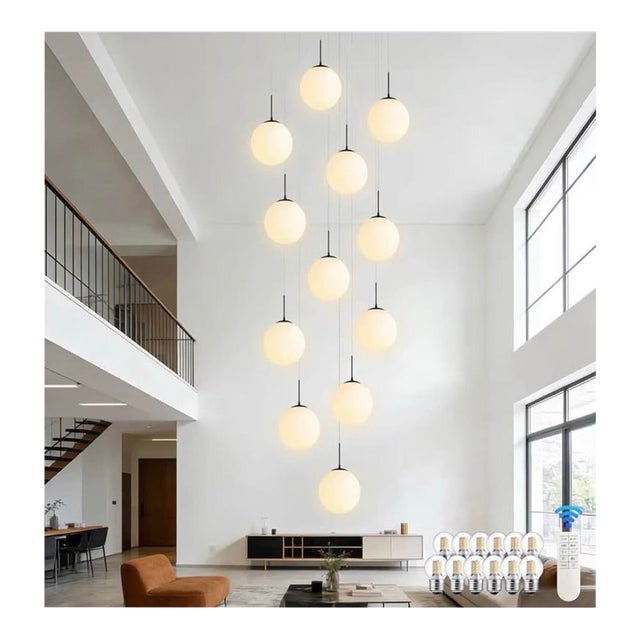 12-Light Black Mid Century Modern Globe Dangle Milky White Glass Pendant Chandelier - New in the Box For Sale