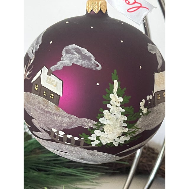 Vintage artisan European large jumbo glass Christmas Ball ornament 5”. Purple mercury glass painted winter landscape.