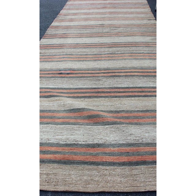 Mid 20th Century Vintage Turkish Kilim Runner With Stripe and Modern Design in Charcoal and Coral For Sale - Image 5 of 12
