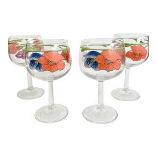 1980s Villeroy & Boch “Amapola” Goblet Glasses – Floral Art Wine Glasses - Set of 4 For Sale