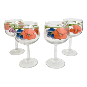 1980s Villeroy & Boch “Amapola” Goblet Glasses – Floral Art Wine Glasses - Set of 4