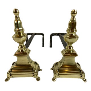 Classic Brass Vintage English Andirons With Claw Feet, Finial Shaped For Sale