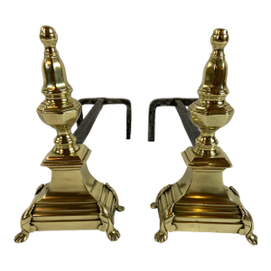 Classic Brass Vintage English Andirons With Claw Feet, Finial Shaped