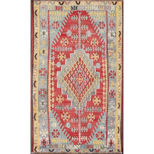 Vintage Turkish Kilim Flat-Weave Rug With Geometric Design in Red, Yellow, Green For Sale - Image 12 of 12