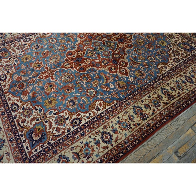 1940s 1940s Classic Blue Ground Medallion Vintage Isfahan Silk Foundation Carpet Rug For Sale - Image 5 of 9
