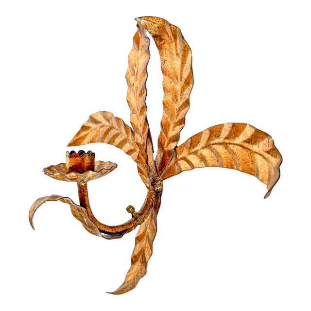 1960s Italian Hollywood Regency Gilt Metal Tole Palm Candle Wall Sconce For Sale