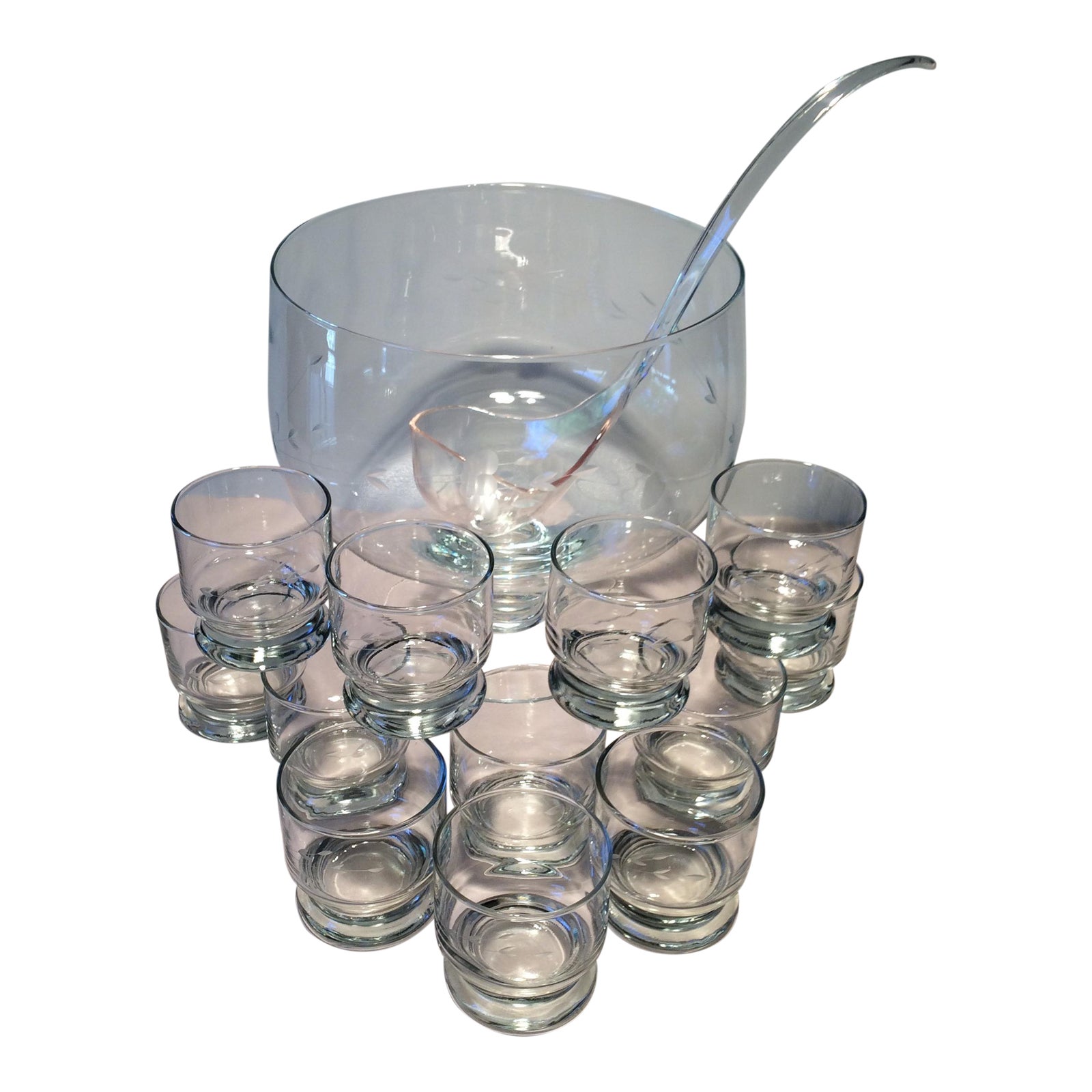 Vintage Etched Crystal Punch Bowl & Ladle With Glasses Set of 14