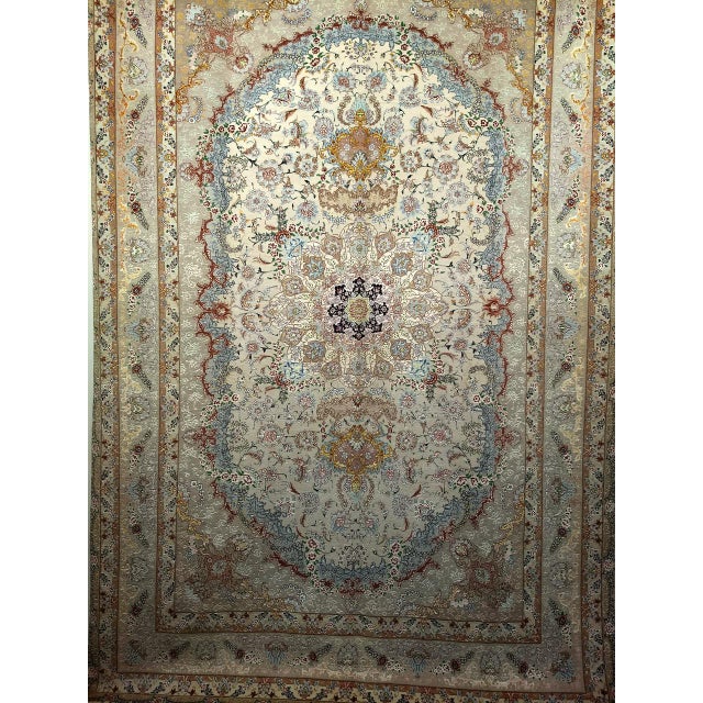 Vintage Persian Tabriz Rug, Finely Hand-Knotted Wool & Silk, Floral Pattern, Ivory & Blue, 7x10 For Sale - Image 4 of 9