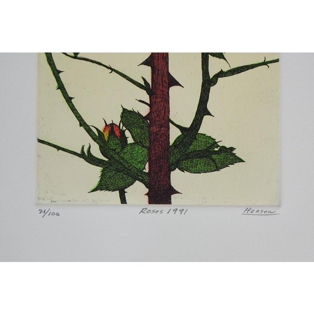 1991 colored etching on paper of rose buds and thorns. Signed Hansen, titled Roses 1991 and numbered 21/100 in pencil...