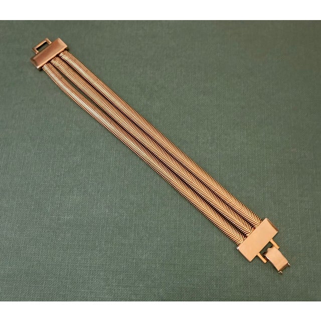 Metal Vintage Gold Tone Herringbone Triple Strand Clasp Bracelet For Sale - Image 7 of 7