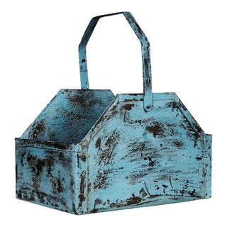 Rustic Blue and White Metal Flower Bucket With Handle | 16 Inch Shabby Chic Planter for Farmhouse Centerpiece | Coastal Cottage Decor Gift For Sale