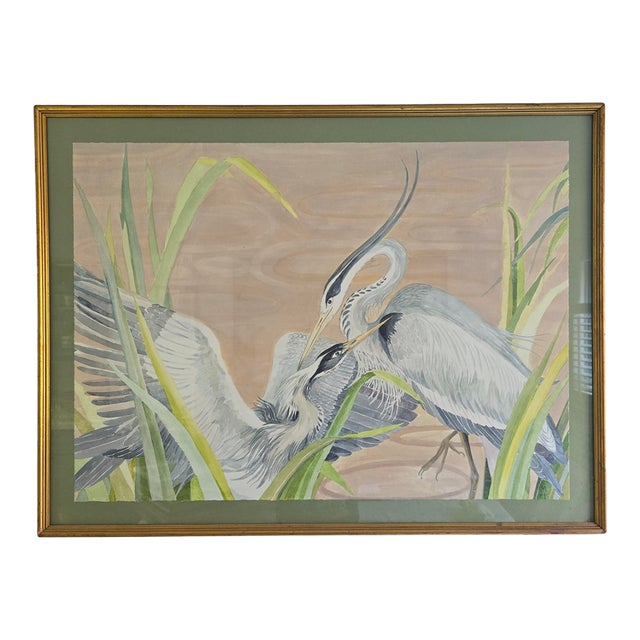 Great Blue Herons Original Signed Watercolor Painting For Sale