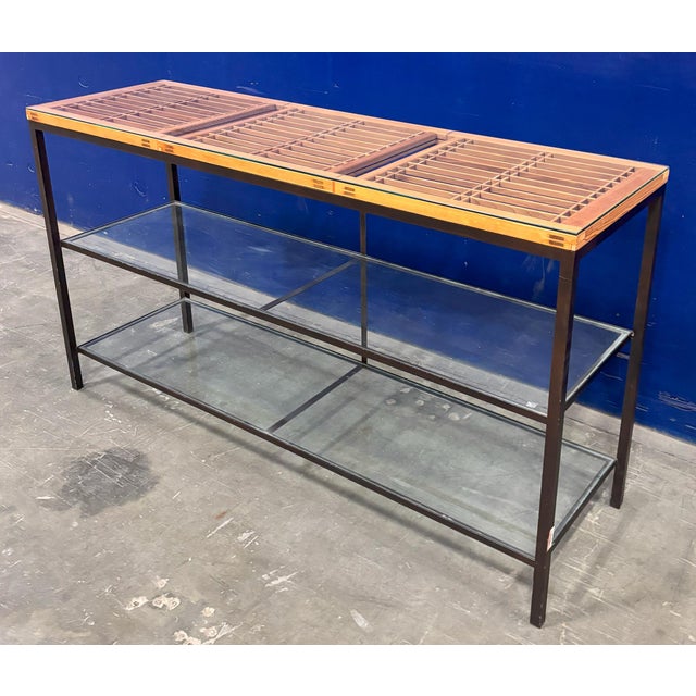 3 Tiered Custom Made Japanese Style Iron and Wood Console With Glass Tops For Sale In Los Angeles - Image 6 of 11