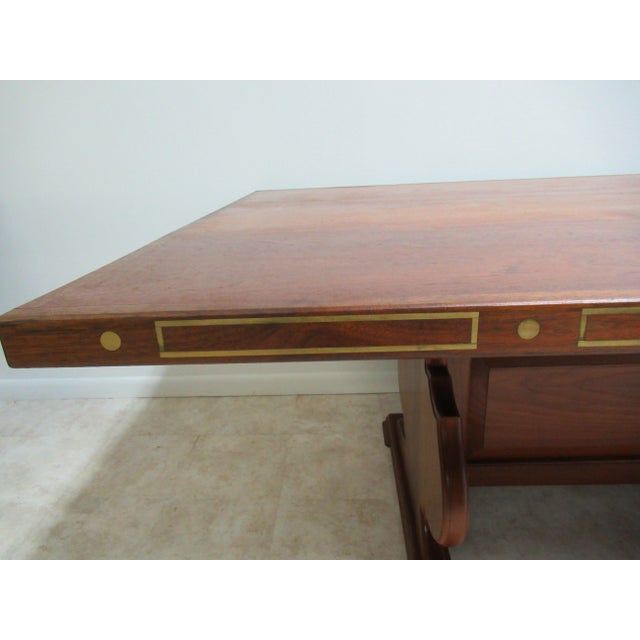 Vintage Teak Mid Century Dining Room Conference Table Custom Brass Inlay For Sale - Image 4 of 13
