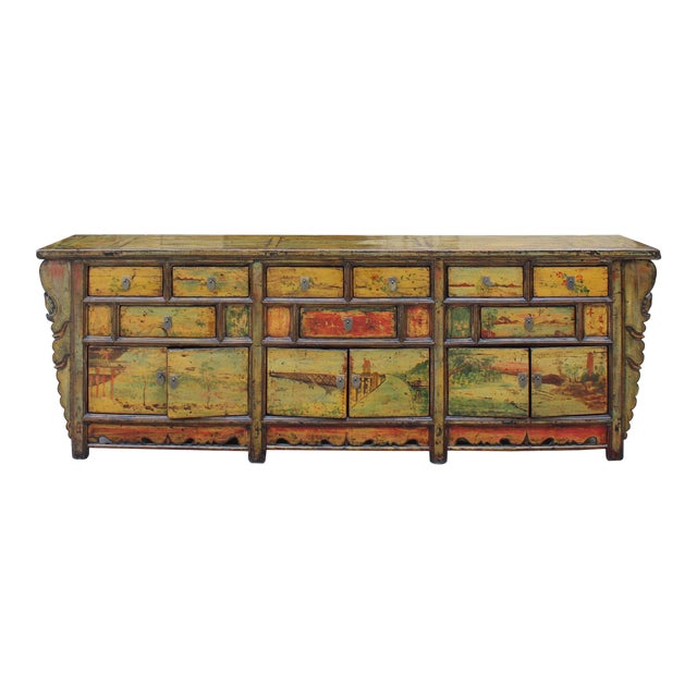 Chinese Distressed Light Green Yellow Long Sideboard Console Table