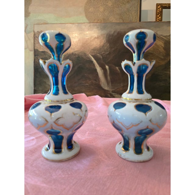 Cerulean Antique Moser Bohemian Glass Overlay Pr Aquamarine Bottles For Sale - Image 8 of 14