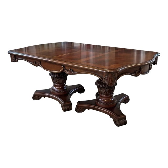 Gorgeous Two Pedestal Dinning Table With Two Extensions 104x44. Seats Up to 10. For Sale