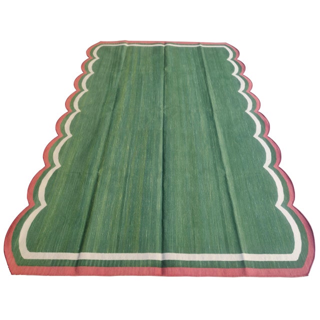 Not Yet Made - Made To Order Handmade Cotton Scalloped Rug, Green with Cream and Raspberry Border - 10'x14' For Sale - Image 5 of 9