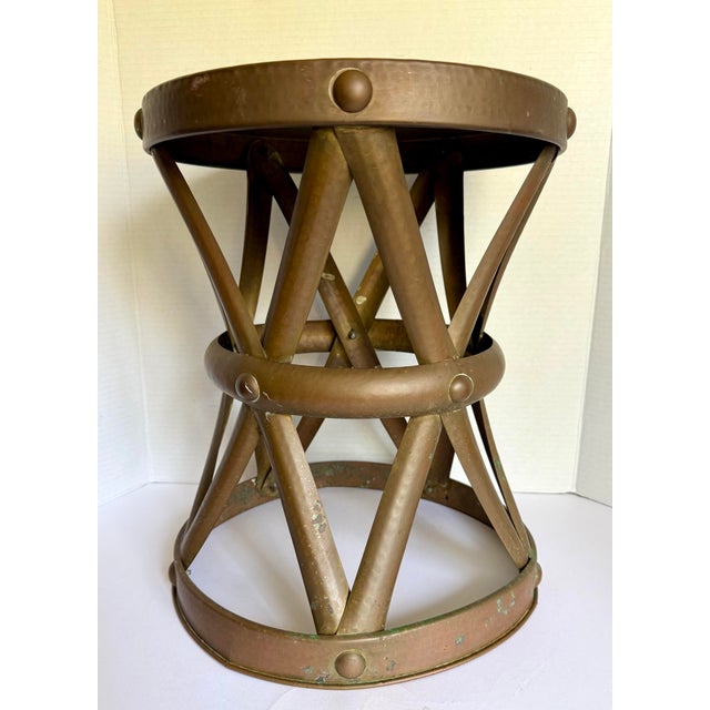 Vintage Hammered Brass X-Form Drum Stool With Riveted Details For Sale - Image 10 of 11
