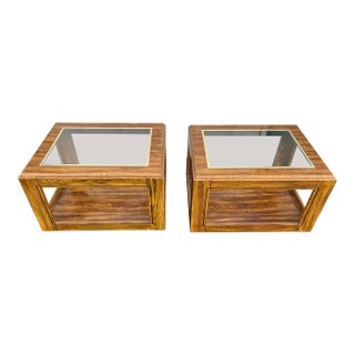 Mid Century Modern Walnut Gilded Glass Top Side Tables- a Pair For Sale