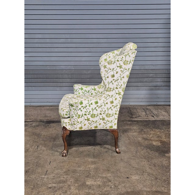Green Early 20th Century Chippendale Mahogany Wing Chair Carved Ball & Claw Feet Needpoint Fabric For Sale - Image 8 of 11