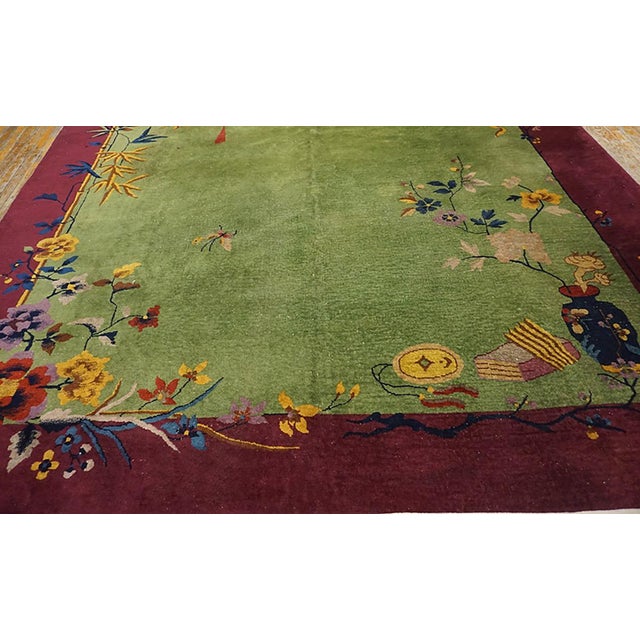 1920s Green Floral Modern Antique Chinese Art Deco Carpet 9' X 11'6" Handknotted Wool Rug For Sale - Image 4 of 7