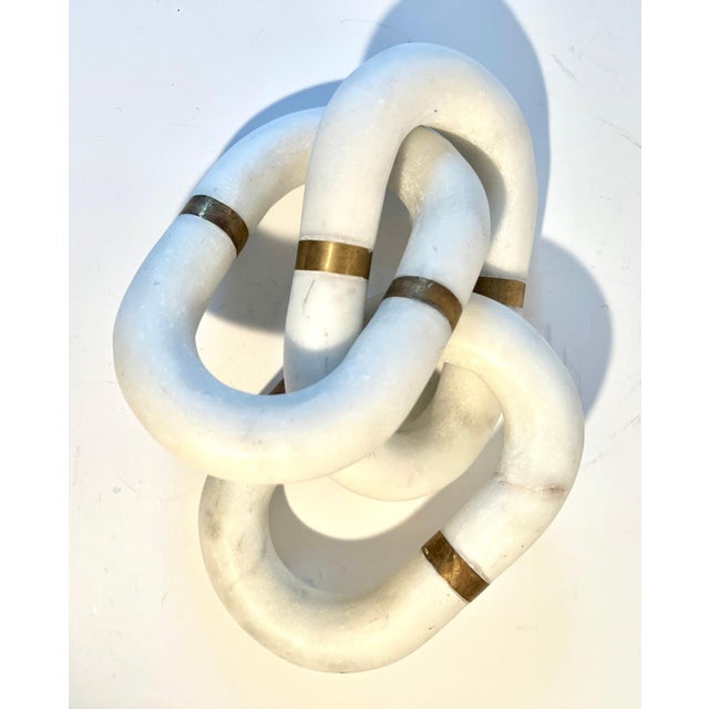 Three Carrera Marble Links with Brass Details Paperweight of Sculptural For Sale - Image 4 of 7