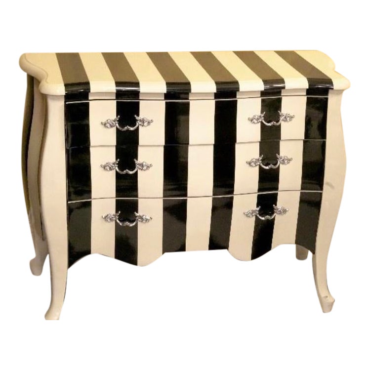 Mid Century Modern Black White Stripe Three Drawer Bombe Chest