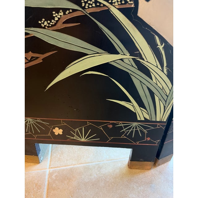 1960s Asian Coromandel-Style Black Lacquer Double-Sided Four-Panel Folding Screen For Sale - Image 12 of 17