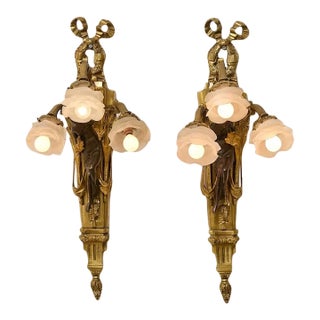 Vintage Louis XVI Style Figural Three-Light Wall Sconces - a Pair For Sale
