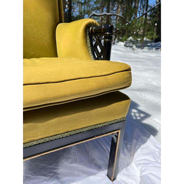 Chinoiserie Upholstered Armchair With Faux Bamboo and Fretwork Arms For Sale - Image 6 of 12