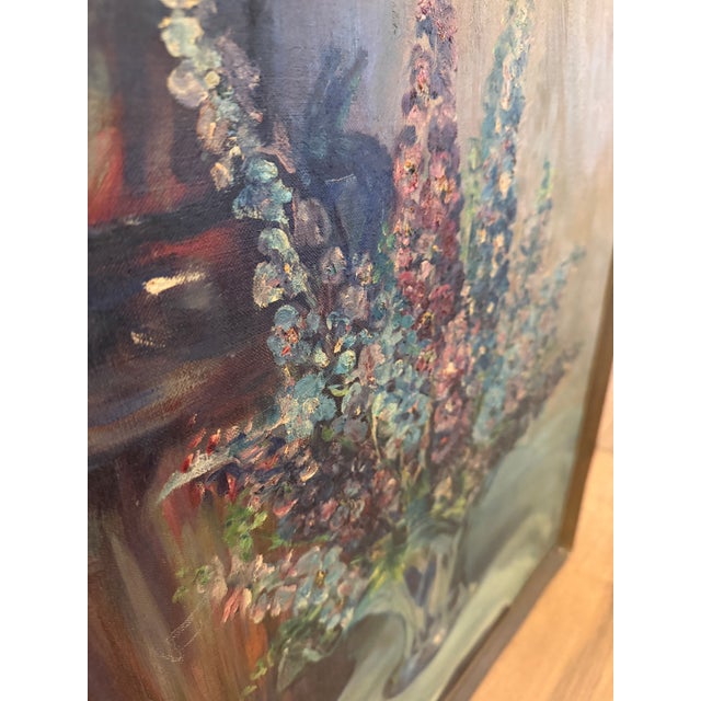 Description: Original oil on canvas still life of daisies and asters in a brown pitcher, with delphiniums in a glass vase...