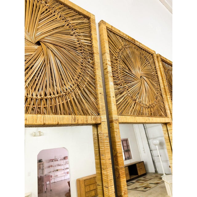 1970s Sunburst Rattan Mirror Panels - Set of 2 For Sale - Image 4 of 7
