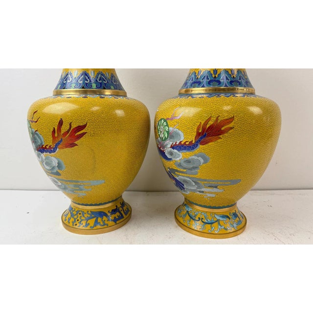 Yellow Pair Chinese Cloisonne Enamel Yellow Dragon Vases For Sale - Image 8 of 8
