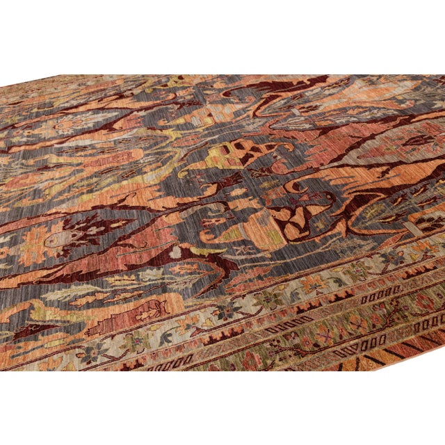 Modern Bidjar Style Hand-Knotted Wool Area Rug - Charcoal, Rust & Amber 12x18 For Sale - Image 9 of 11