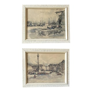 Vintage 1940's Hermann Edouard Wagner Framed & Signed Watercolor Prints of Paris - Set of 2 For Sale
