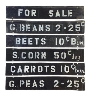 Six Circa 1940s Tin Black and White Farm Stand Signs For Sale