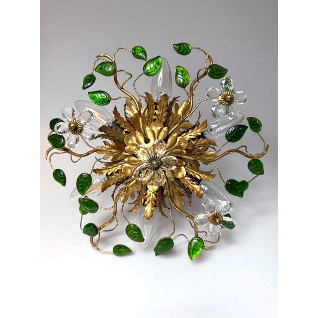 Gold Ceiling or Wall Lamp in Gilded Metal with Murano Glass Leaves and Flowers from Banci Firenze, Italy, 1960s For Sale - Image 8 of 8