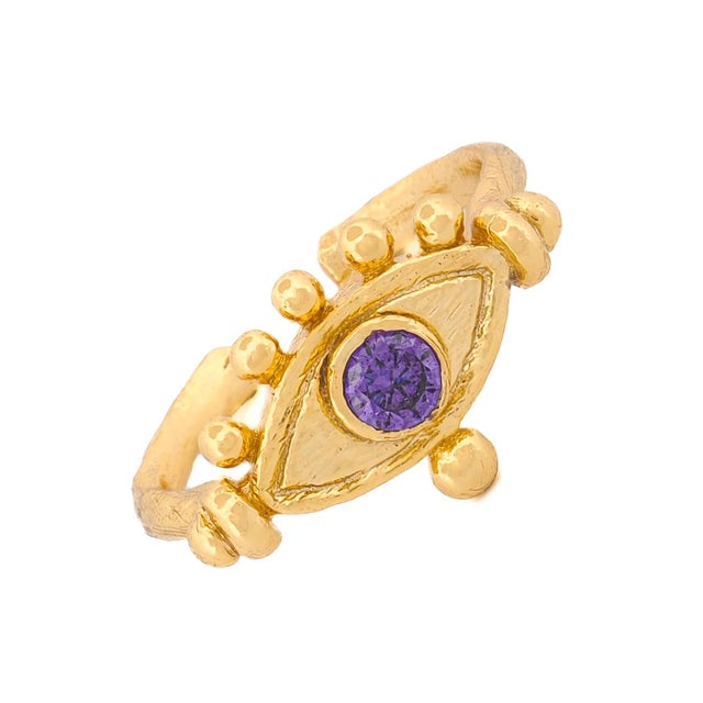 Early 21st Century Mystic Amethyst Evil Eye Gold Adjustable Band Ring, Size 8 For Sale - Image 5 of 6