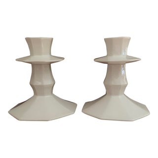 Vintage White Ironstone Candle Holders - a Pair For Sale