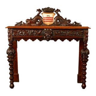 Antique Carved Oak Hall Table Skipworth Family Painted Royal Coat of Arms 1860 For Sale