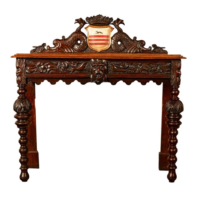 Antique Carved Oak Hall Table Skipworth Family Painted Royal Coat of Arms 1860 For Sale