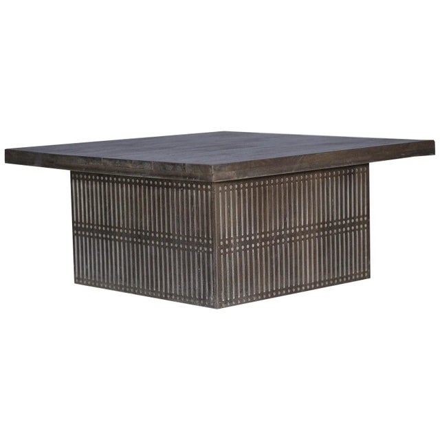 2010s Modern Ash Gray Rib Carved Solid Wood Square Coffee Table | Solid Wood Center Table | Boho Chic Distressed Gray Accent Table | Ribbed Groove For Sale - Image 5 of 5